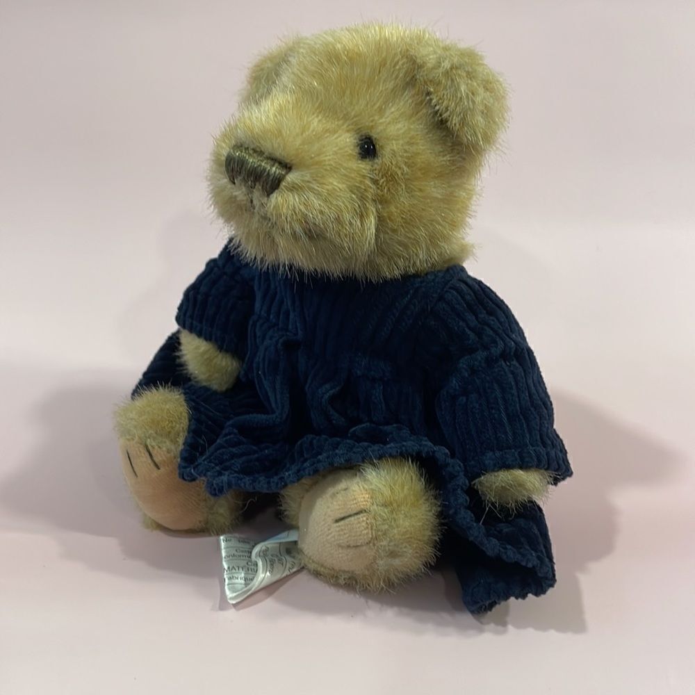 Small Vintage Style Girl Teddy Bear Wearing Blue Corduroy Dress Stuffed Bear 9” - Picture 6 of 8